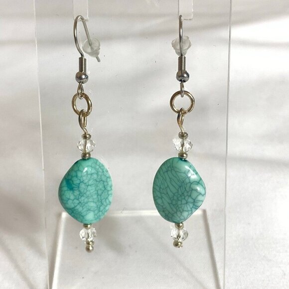 Reimagined Faux Turquoise Glass Bead Hook Earrings - Picture 2 of 6